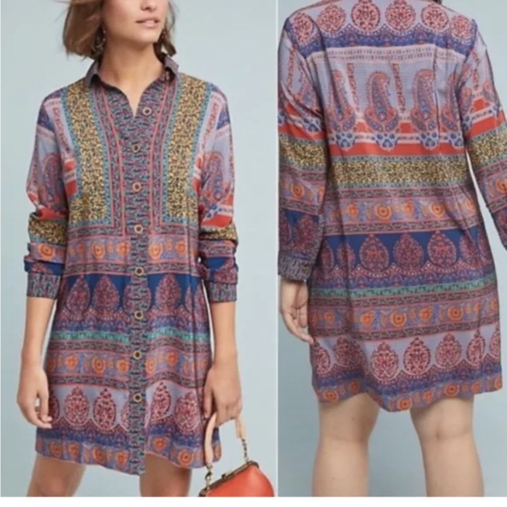 Maeve Anthropologie Casablanca Silk Dress Button Down Shirt Dress- size 12